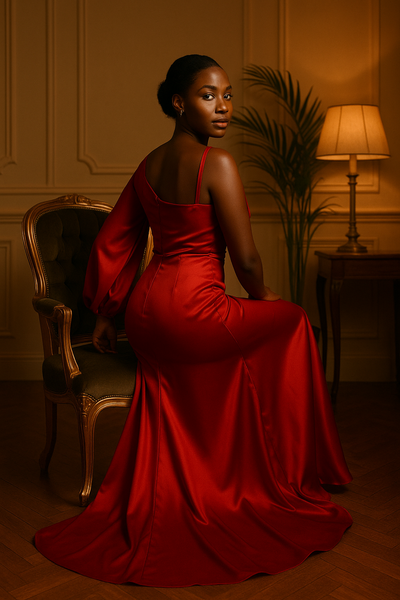 Assise avec d’une robe longue satinée rouge, montrant la bretelle fine et la coupe fluide.