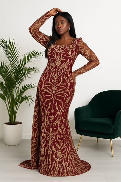 Hafsoit Mode – Robe sirène longue bordeaux brodée or avec manches longues et traîne – Tenue de soirée chic et élégante