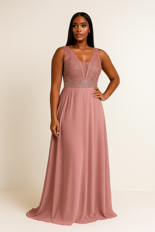 Vue de face d’une robe de soirée longue mauve avec haut scintillant et jupe fluide.