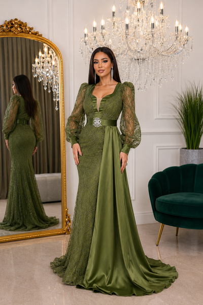 Vue en pied de la robe de soirée sirène vert kaki brodée