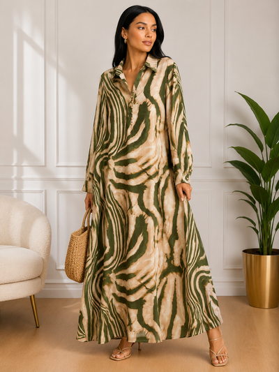 Robe chemise longue grande taille verte en viscose et coton, taille unique du 36 au 48, vue de face.