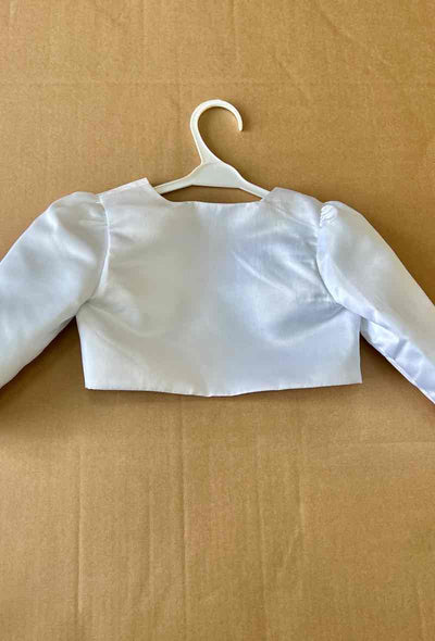 Boléro blanc en satin manches longues pour petite fille avec fleur et nœud papillon