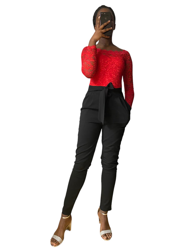 Combi femme manche 3/4 rouge et noire