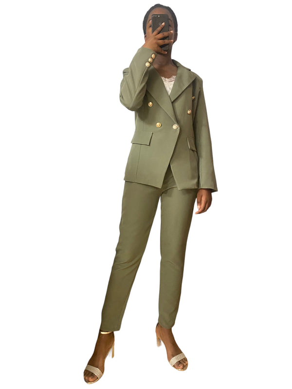 Tailleur femme vert kaki veste croisée