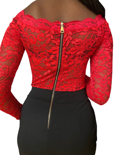 Combi femme manche 3/4 rouge et noire