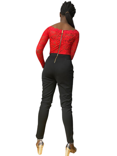 Combi femme manche 3/4 rouge et noire